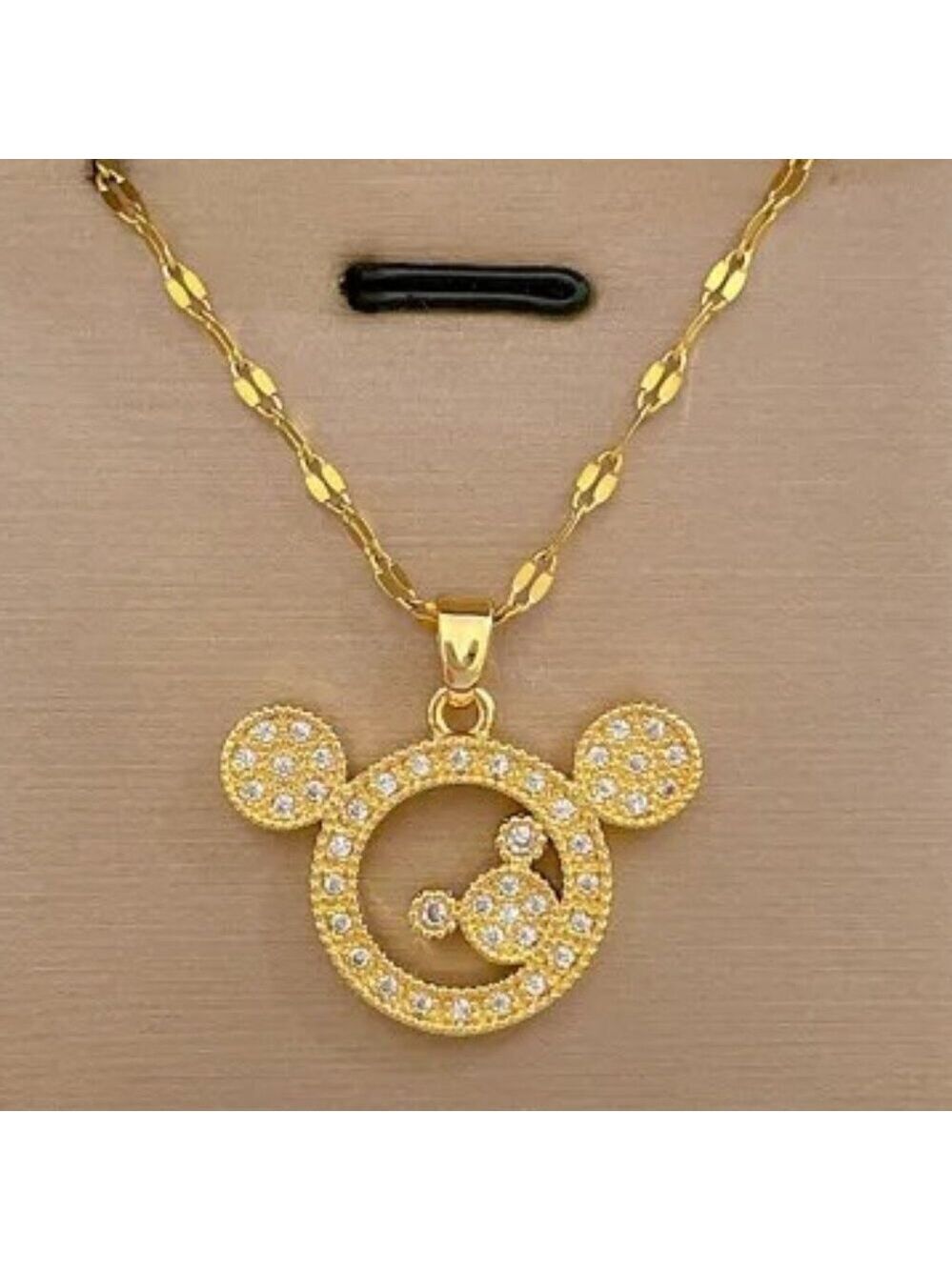 18k Gold Plated Stainless Steel Zircon Stone Mickey Mouse Pendant and Lip Chain